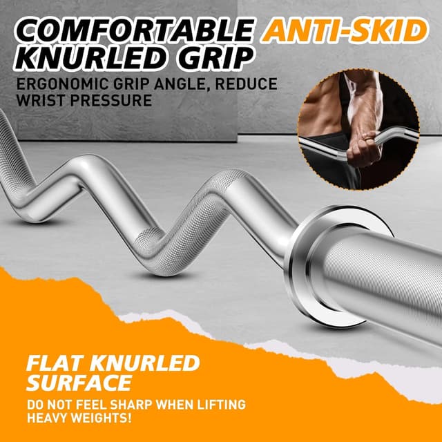 Detalle 2 de LAVVON Olympic EZ Curl Barbell Bar 47in (2-inch) with Spring Collars – 500lb capacity chrome curl bar