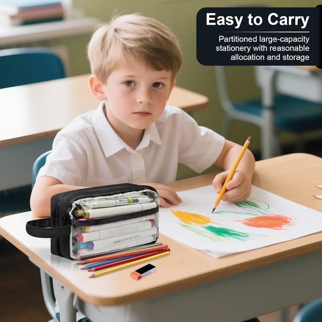 Detalle 2 de TIECHI Large Pencil Case for Girls & Boys (Black) – big, compartment organiser with wide opening