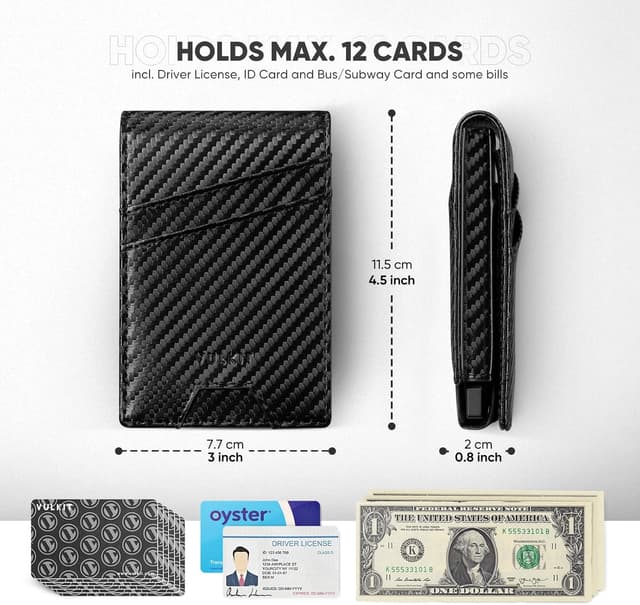 Detalle de VULKIT Pop Up Credit Card Holder Wallet for Men (RFID Blocking) – Carbon Black, Double Window Slots, Up to 12 Cards