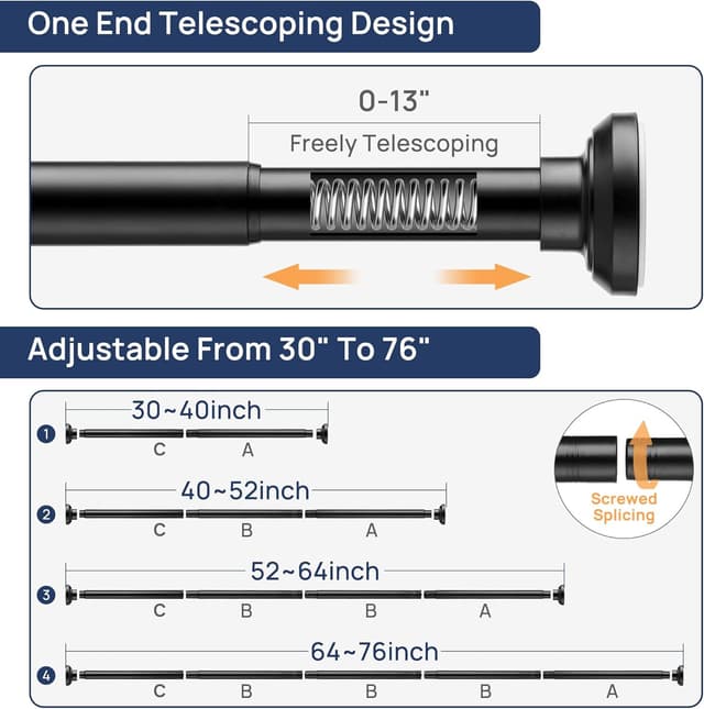 Thumbnail 1 de Matte Black Shower Curtain Pole 84 cm extendable