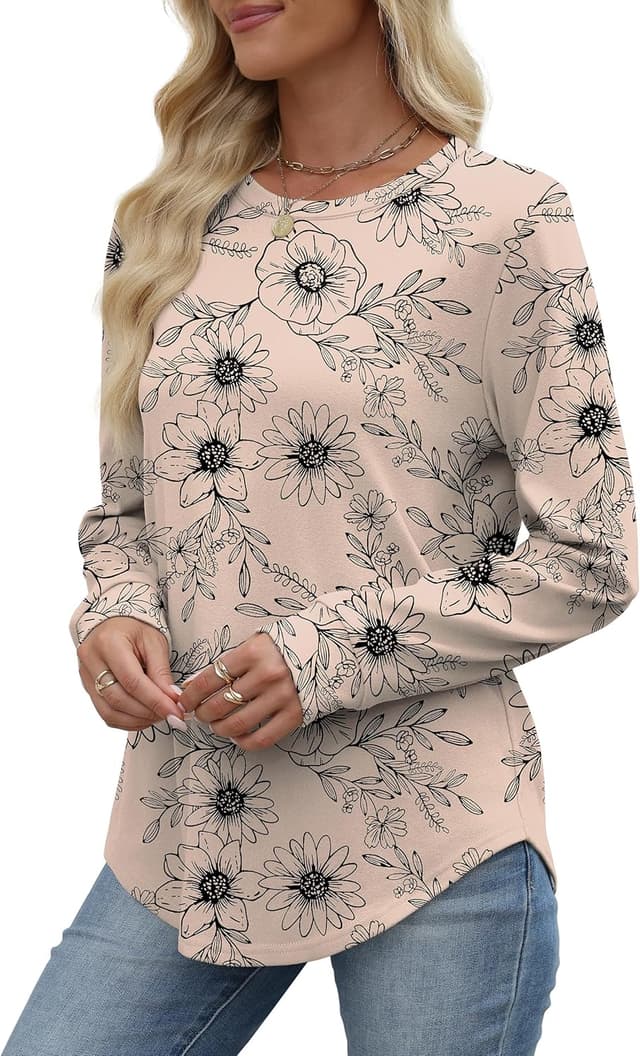 Detalle 2 de WIHOLL women’s curved hem crewneck long sleeve sweatshirt jumper tops (lightweight)