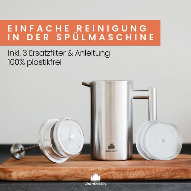 Detalle de Groenenberg French Press Thermo mit Warmhalte-Funktion – Edelstahl-Kaffeebereiter in 3 Größen