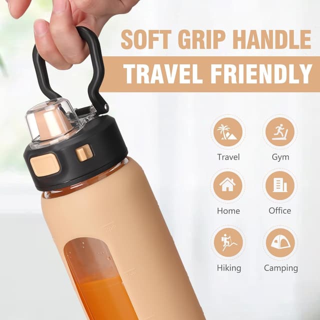 Detalle de BLUEGO 700 ml Bouteille d’eau en verre avec poignée, paille et manchon en silicone – marqueur de temps anti-fuite