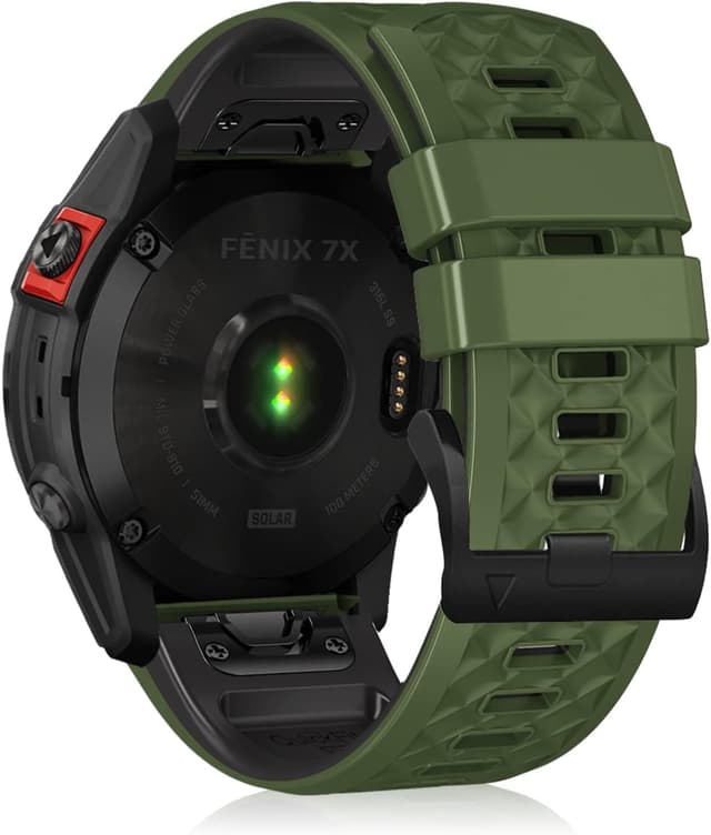Detalle de LanQii 26mm QuickFit Silikon-Armband für Garmin (Tactix 8, Fenix 8/7/6/5, Enduro, Descent) – Grün/Schwarz