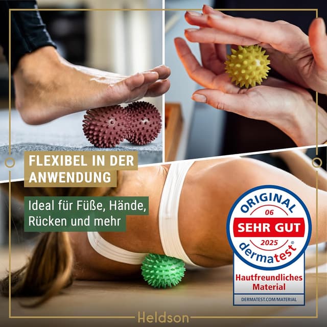 Detalle de HELDSON® Premium Massageball 3er Set inkl. Peanut-Ball & Igelbälle für Fuß-, Hand- und Rückenmassage