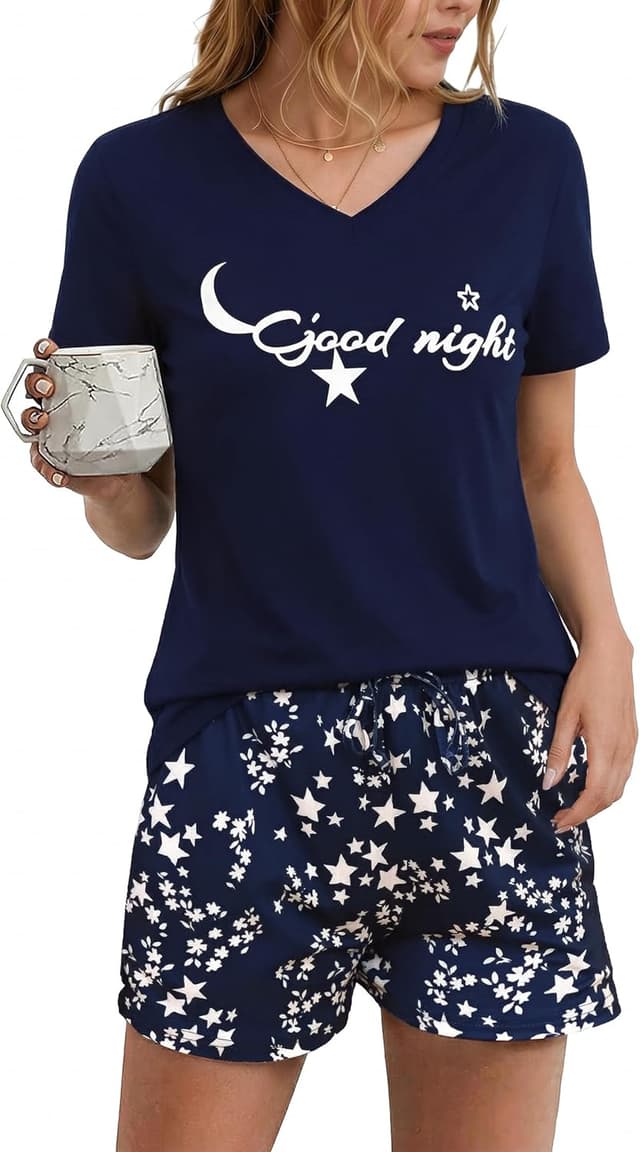 Detalle de Pyjama femme court Litherday pour l’été en coton imprimé étoiles (manches courtes, col V)