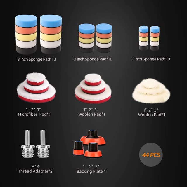 Thumbnail 6 de ZFE Car Foam Drill Polishing Pad Kit (44-Piece Mixed Set with 5/8-11 Backing Pad & Adapters)