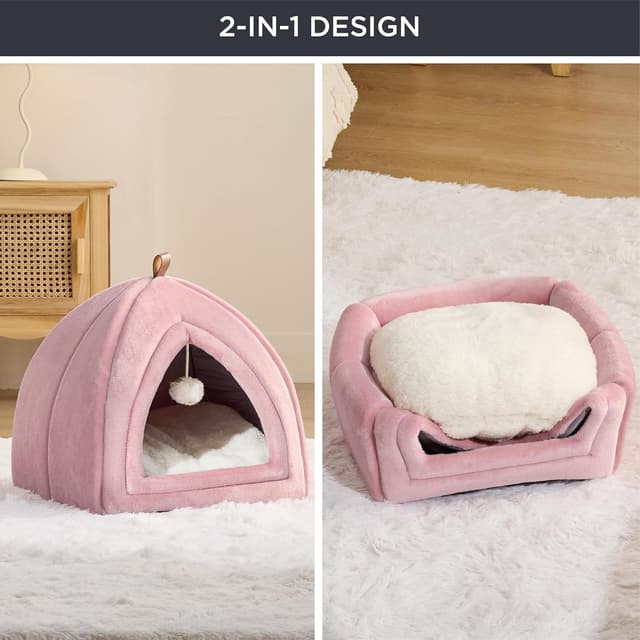 Detalle de Bedsure Cat Cave Bed Indoor (Large) Flannel Hooded Igloo House with Removable Cushion & Toy Ball – Pink, 44x44x44cm