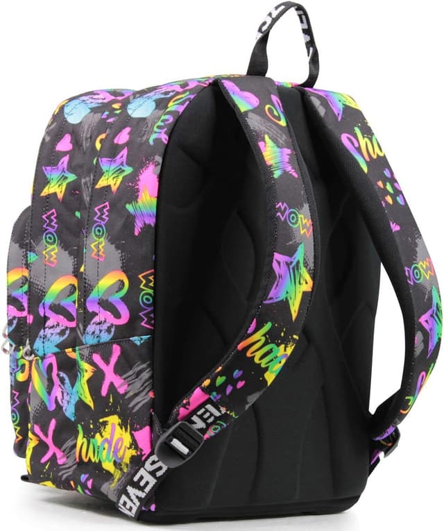 Detalle de Seven Zaino New Fit Rosa e Nero Fantasy Black, doppio scomparto da scuola e viaggio