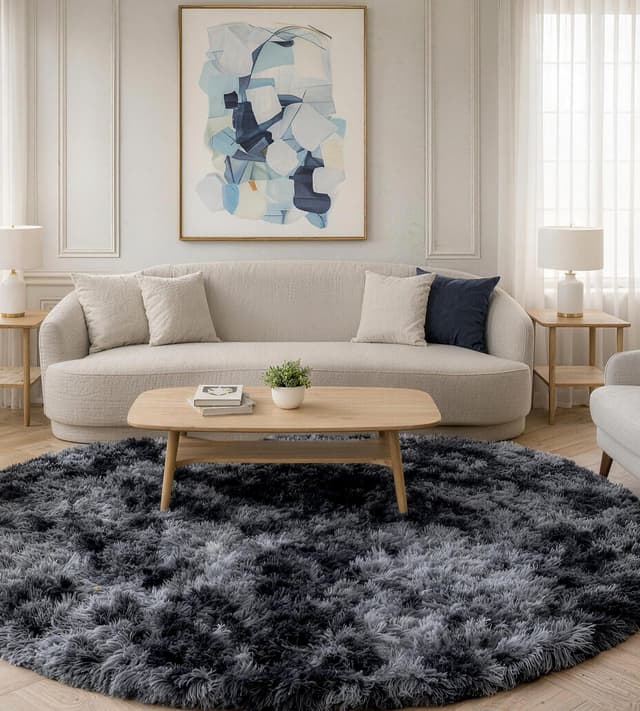 Detalle de VOFUSHON Hochflor-Teppich rund 150 cm dunkelgrau, waschbar & rutschhemmend