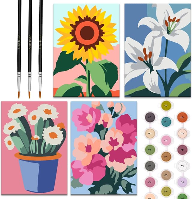 Detalle de Zimrobin 4er-Set „Malen nach Zahlen“ für Kinder (12 × 8 cm) mit Acrylfarben & 3 Pinseln – Motiv „Schöne Blumen“