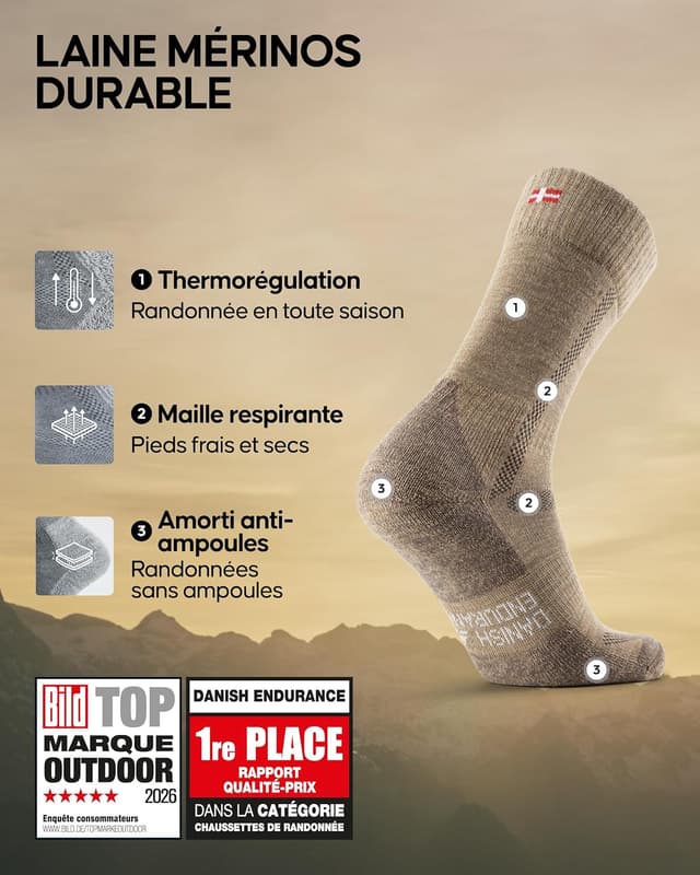 Detalle 2 de DANISH ENDURANCE Chaussettes de randonnée en laine mérinos rembourrées (lot de 3) – Unisex