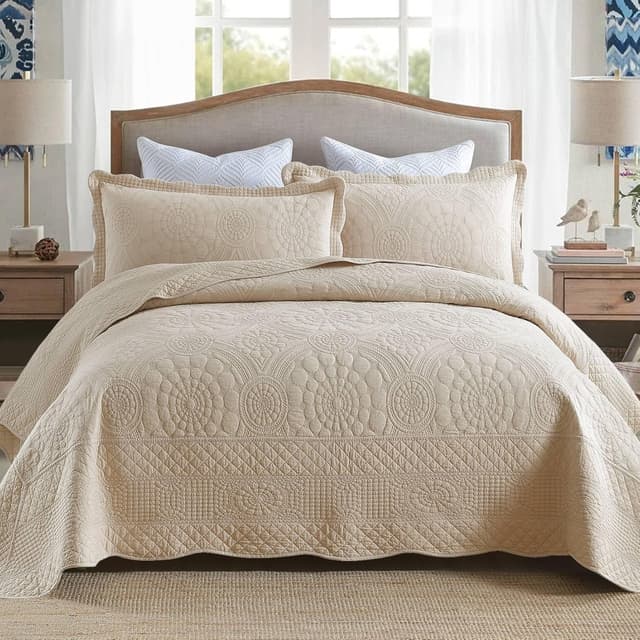 Detalle de MarCielo 3-Piece 100% Cotton Oversized Bedspread Quilt Coverlet Set (Khaki Beige, Oversized King)