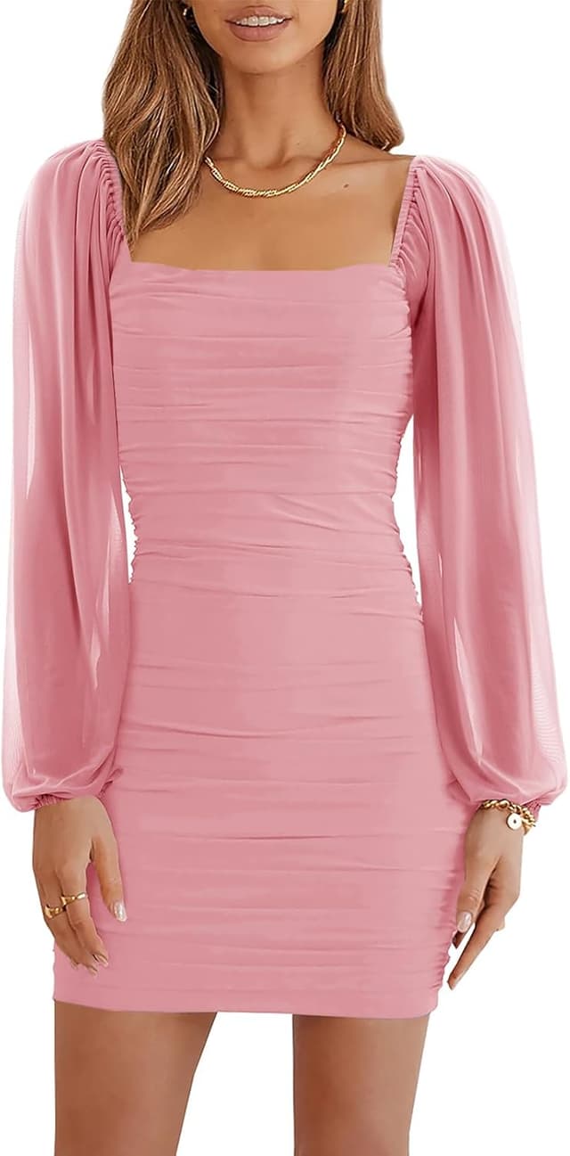 Detalle de Wenrine Mesh Long Sleeve Ruched Mini Dress