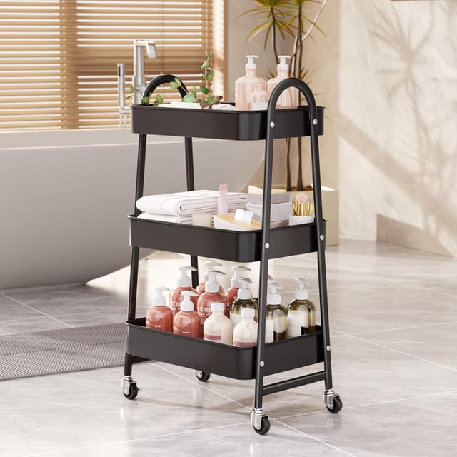 Detalle 2 de StowBin 3-stöckiger Metallrollwagen in Schwarz – schmaler Rollwagen für Küche, Bad & Arbeitszimmer