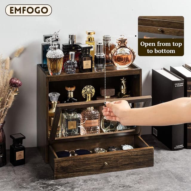 Detalle de Emfogoo Cologne Stand solid wood perfume organiser with 3 tiers, dustproof acrylic panel and drawer storage