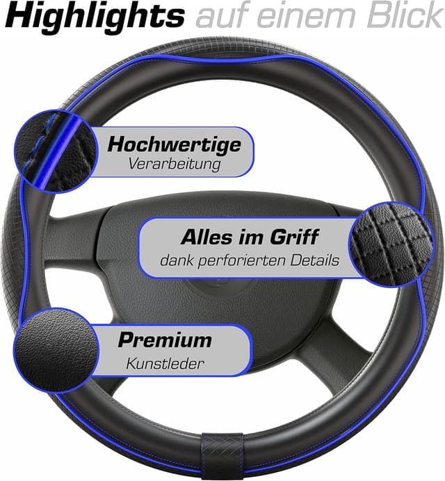 Detalle de Upgrade4cars Lenkradbezug Blau Schwarz (Leder-Optik) – universelle Lenkradhülle 37–38 cm