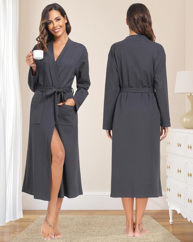 Detalle de Sopesil Peignoir en coton texturé (waffle) pour femme, kimono long avec col en V et poches