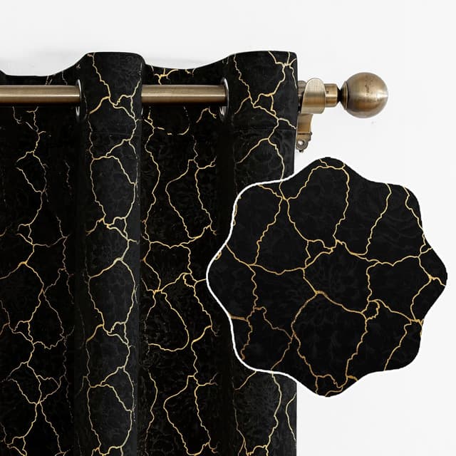 Detalle de Ystyle Rideau occultant en velours noir avec motifs dorés (lot de 2) 140x245 cm