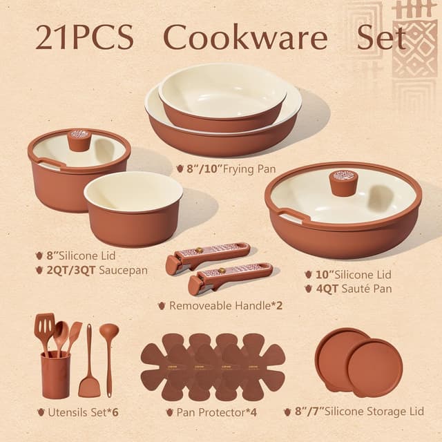 Detalle de CAROTE 21-Piece Ceramic Cookware Set with Detachable Handle (Terracotta)