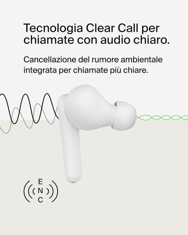Detalle de Belkin SoundForm Rhythm true wireless con microfono, ricarica USB‑C rapida e batteria fino a 28 ore (bianco)