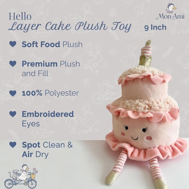 Detalle de MON AMI Layer Cake 9-inch dessert plush toy – two-tier cake design for cuddles, pretend play and party décor