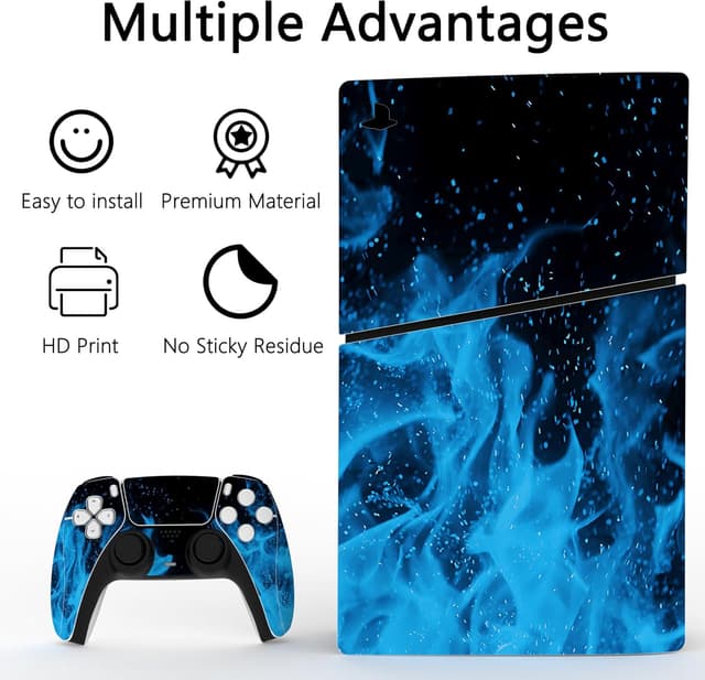 Detalle de playvital Full Set Skin Sticker for PS5 Slim Disc Edition (Blue Flame) – vinyl decals for console, controller, headset & more
