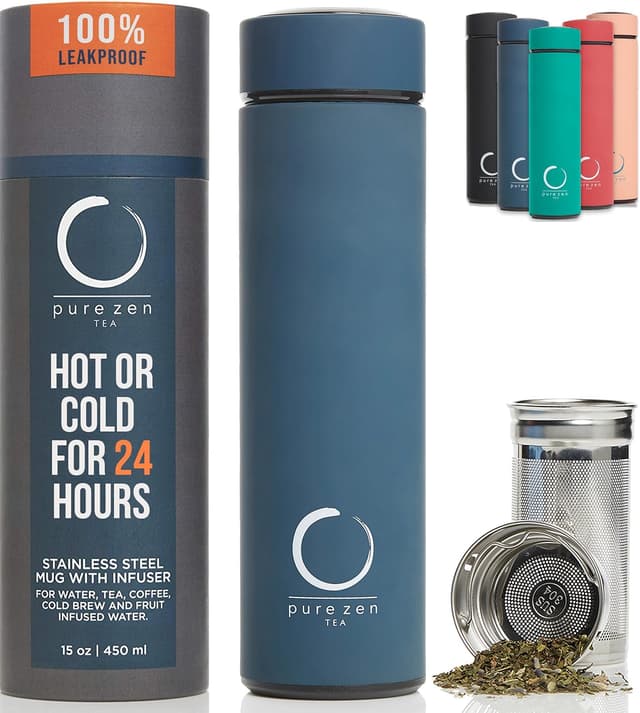 Detalle de Pure Zen Tea Thermos with Infuser (Leakproof Travel Mug, Stainless Steel, 15oz) – Blue