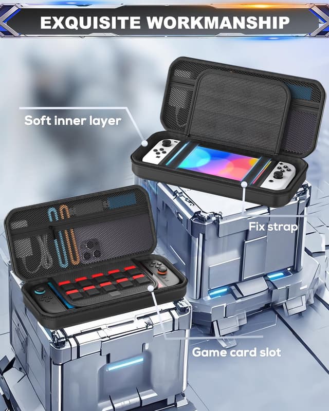 Detalle de FYOUNG All-in-One Accessories Case Bundle for Nintendo Switch 2 (2025) — Black portable hard carrying case with game card slots