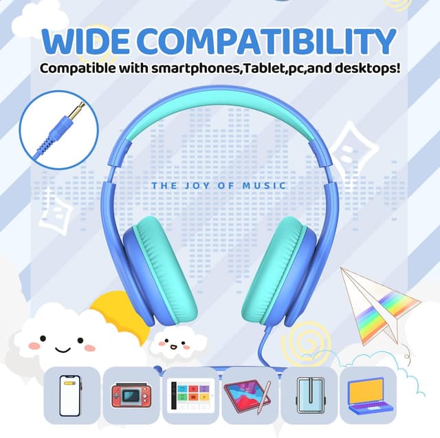 Detalle 2 de JoySpark Wired Headphones for Kids (85dB volume limit) – School Blue, 3.5mm, foldable and adjustable