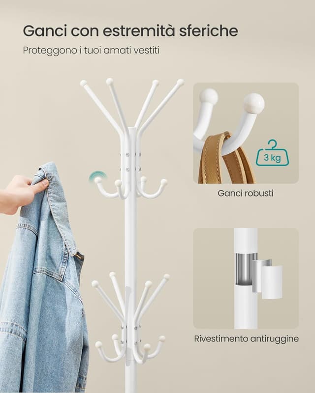 Detalle 2 de SONGMICS Appendiabiti da terra RCR081WC01 bianco nuvola con 16 ganci, altezza 175 cm
