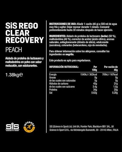 Thumbnail 4 de Science in Sport Rego Clear Isolate 1,38 kg Melocotón — bebida regeneradora en polvo 🥤