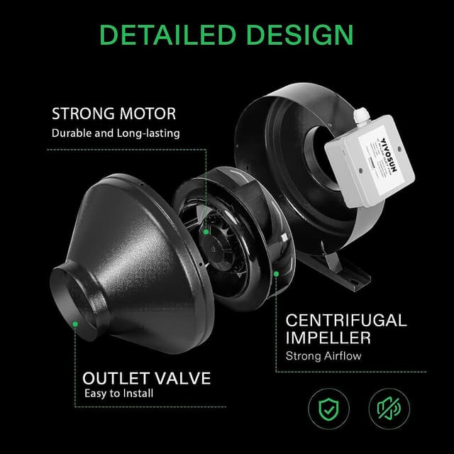 Detalle de VIVOSUN Ventilatore a canale 150 mm con estrazione fino a 748 m³/h e regolatore di velocità variabile