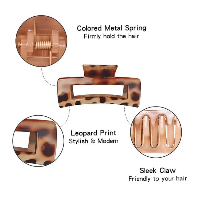 Detalle de Kavya große Haarklammer (3er-Set) eckig mit Leopardenmuster – rutschfeste Claw Clips für langes Haar