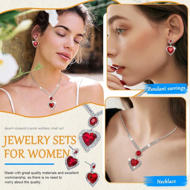 Detalle 2 de LjFrexia Hochzeit Schmuck-Set für Damen (2-teilig) mit Herz-Kristall-Anhänger und Ohrsteckern