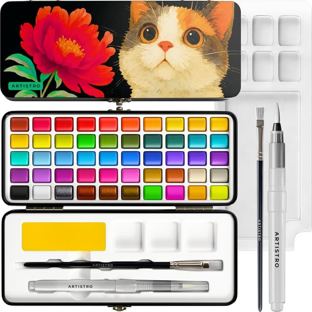 Detalle de ARTISTRO 50 Watercolour Paint Set – Vivid colours in a portable tin box with refillable water brush