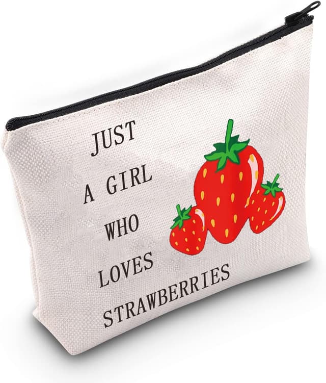 Detalle de LEVLO Funny Strawberry cotton canvas cosmetic bag ("Just A Girl Who Loves Strawberries")
