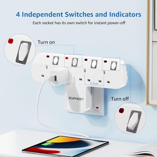 Thumbnail 4 de SUPHOST 4‑way Plug Adapter 13A with switches 🔌