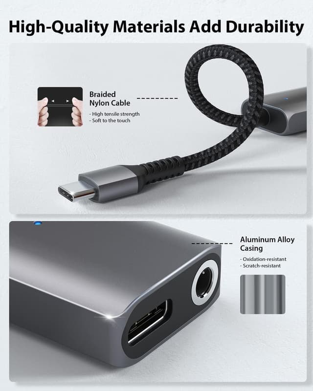 Detalle de Stouchi USB-C to 3.5mm Jack and Charger Adapter (USB-C Aux + PD3.0 fast charging, hi-res DAC)