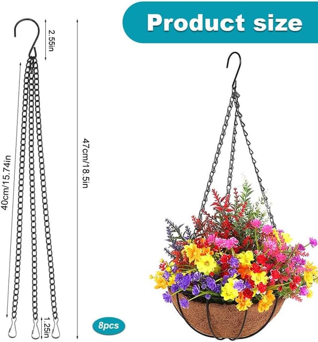 Detalle de LoNinLoAn 8pc Hanging Basket Chains (3-Point) with Hooks for Black Plant Pots & Bird Feeders