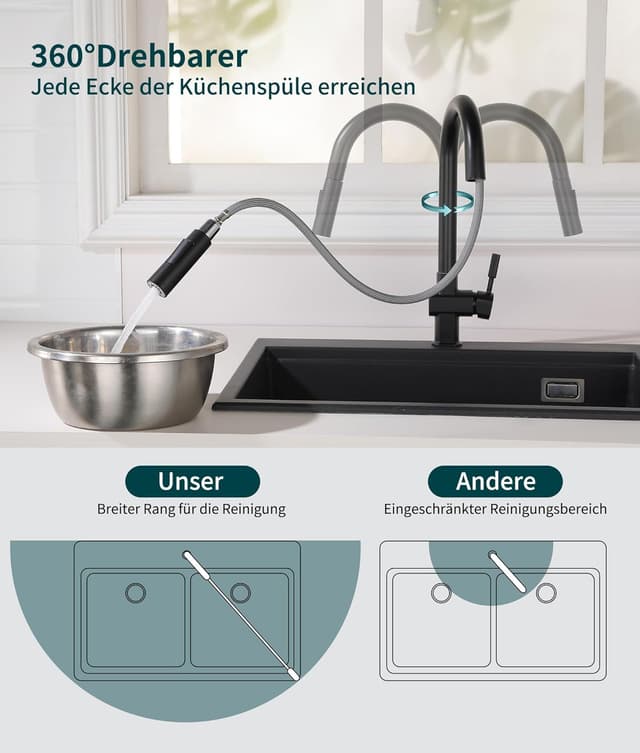 Detalle 2 de Süßren Grifo Cocina Negro extraíble 1,5 m