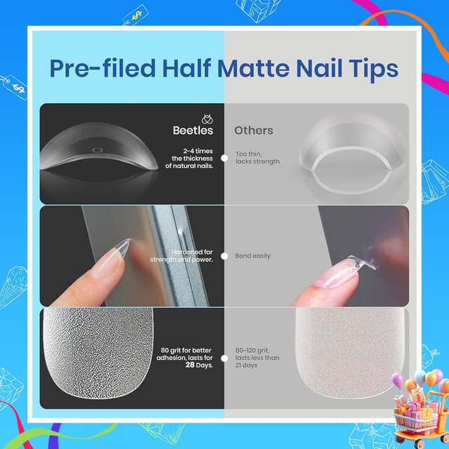 Detalle de Beetles Nail Tips Kit Almond (504 Nagelspitzen) mit Mini-UV/LED-Lampe, Klebe-Gel und Nail Glue