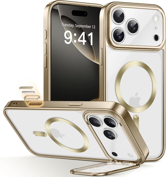 Detalle de GolbinBox for iPhone 17 Pro Case with Stand (MagSafe) and Camera Control, Gold/Clear