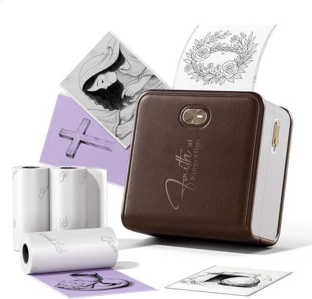 Detalle de FaithTag Mini Sticker Printer F21 for Bible Study, Mini Sticker Printer with 3 Rolls (Brown) for Index Tabs, Bookmarks & Notes