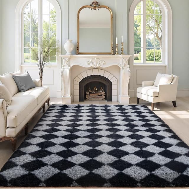Detalle 2 de FVVRAX Checkered Fluffy Rug 200x300cm (Black & Grey) – Plush low-shedding non-slip area rug