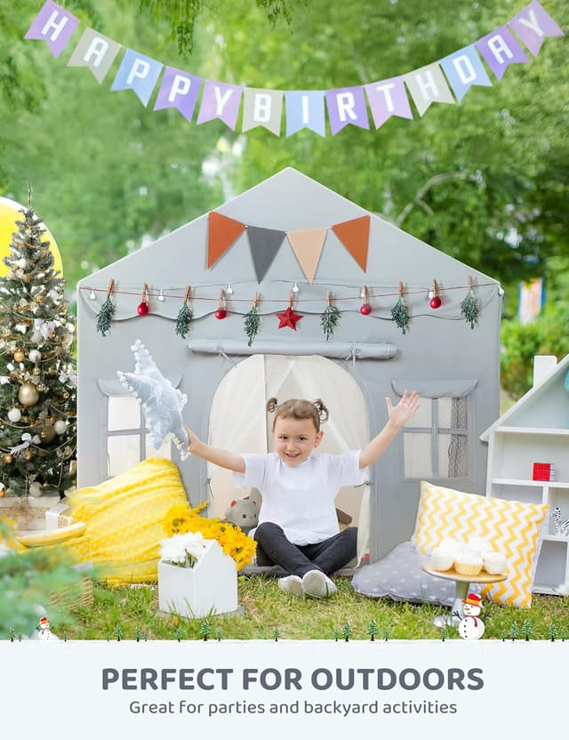 Detalle 2 de besrey 2-in-1 Kinderzelt Indoor „Spielhaus“ mit Matte (130 x 90 x 130 cm), Spielzelt/Bettzelt für drinnen ab 3 Jahren – Grau