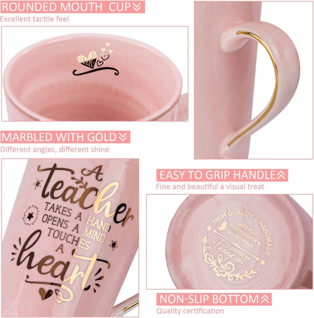 Detalle de Pink Marble 14 oz Teacher Appreciation Mug Gift Set for Women (Includes Lid, Spoon & Card)
