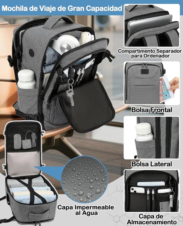 Detalle 2 de LYNXCHER Mochila de Viaje Cabina ✈️ 30L para Portátil 15.6" Gris