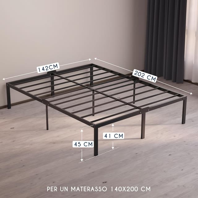 Detalle 2 de Dreamzie struttura letto matrimoniale 140x200 con rete in metallo e gambe altezza 45 cm, nero