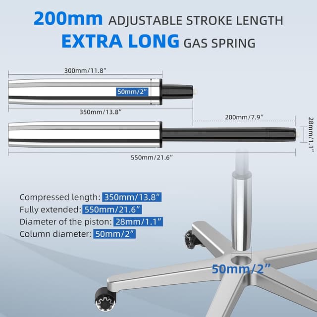 Detalle de WEWILL Gasdruckfeder für Bürostuhl – höhenverstellbar (Hub 350–550 mm), Belastbarkeit bis 500 kg, Ø 50 mm